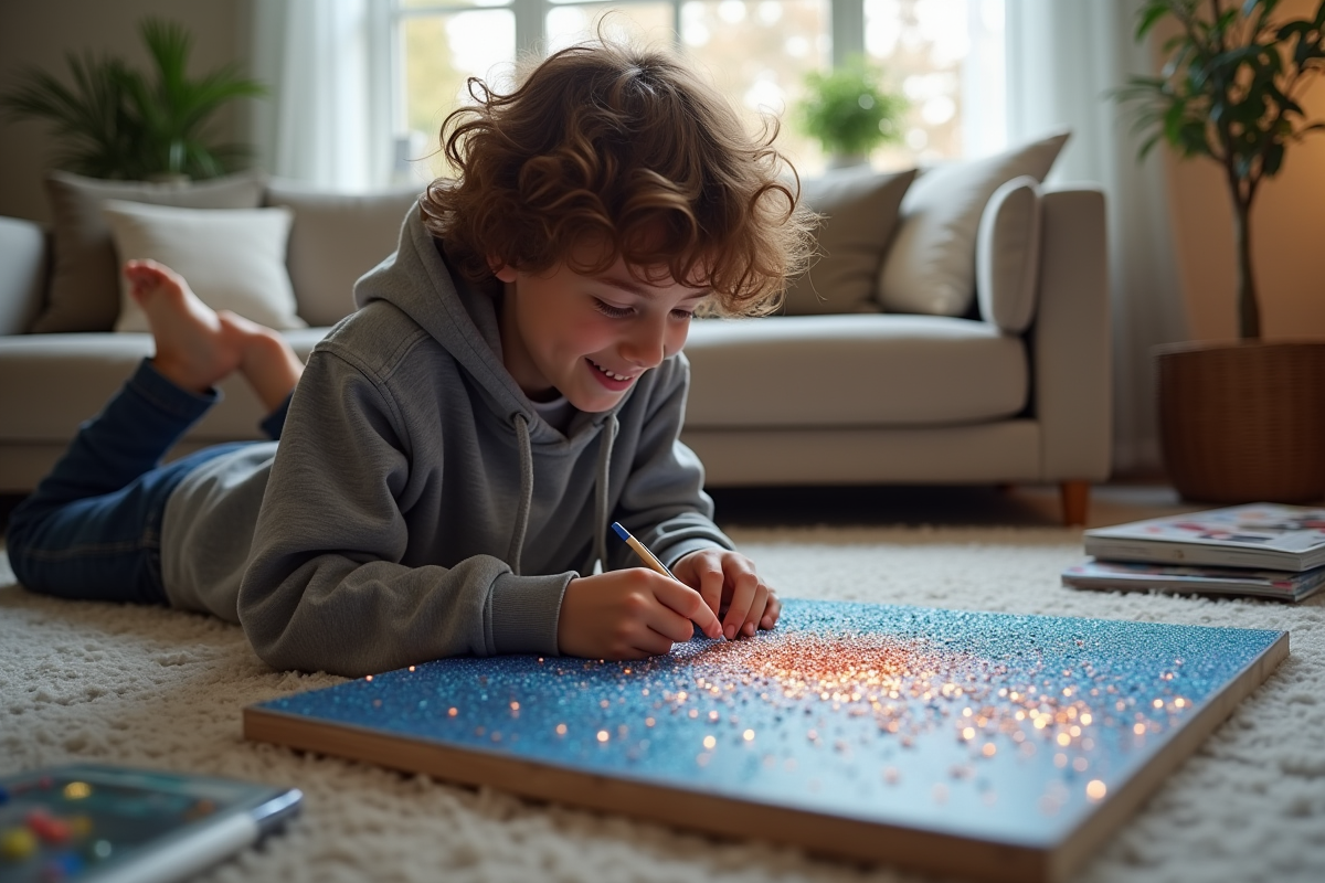 Adolescent créant une peinture diamant dans le salon familial