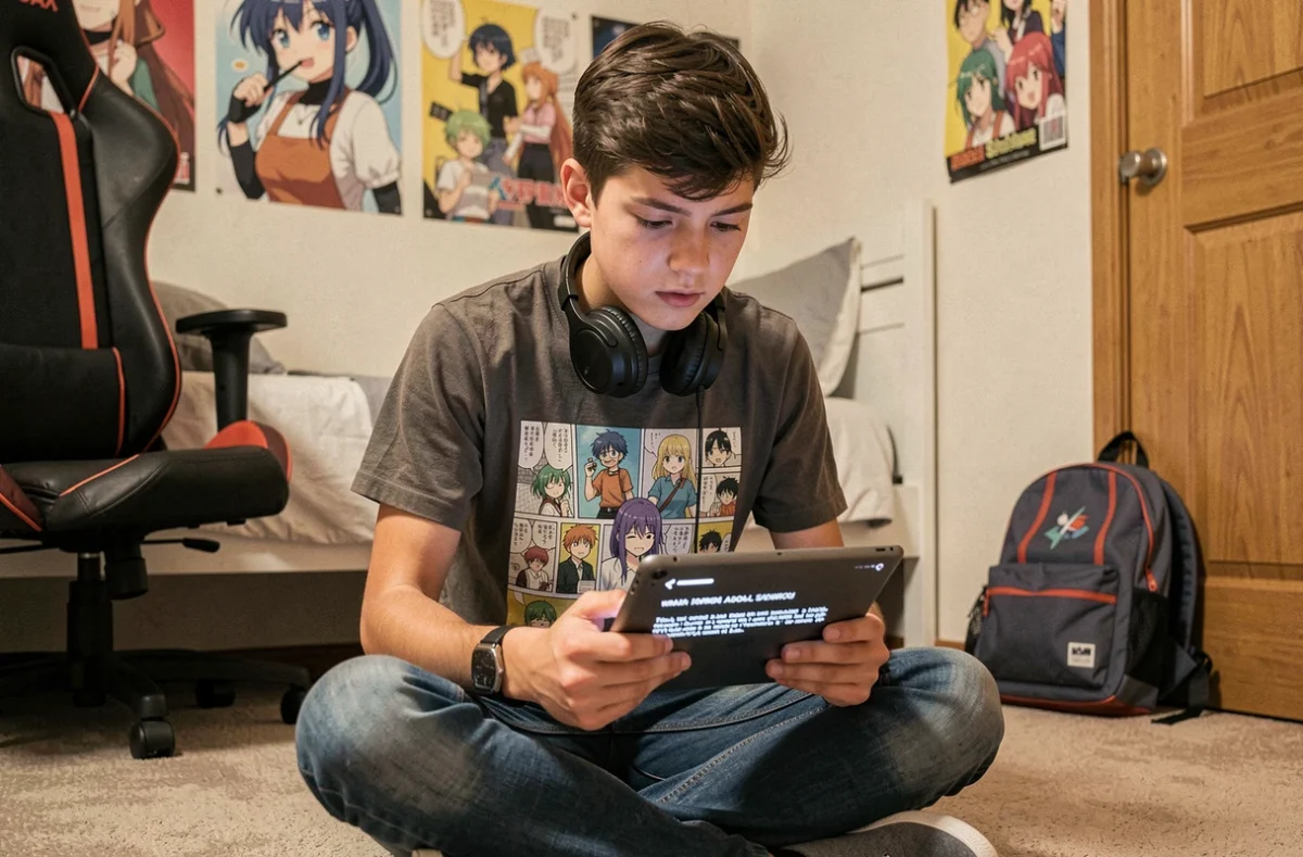 Adolescent téléchargeant des mangas illégalement sur tablette avec un avertissement de droits d'auteur à l'écran