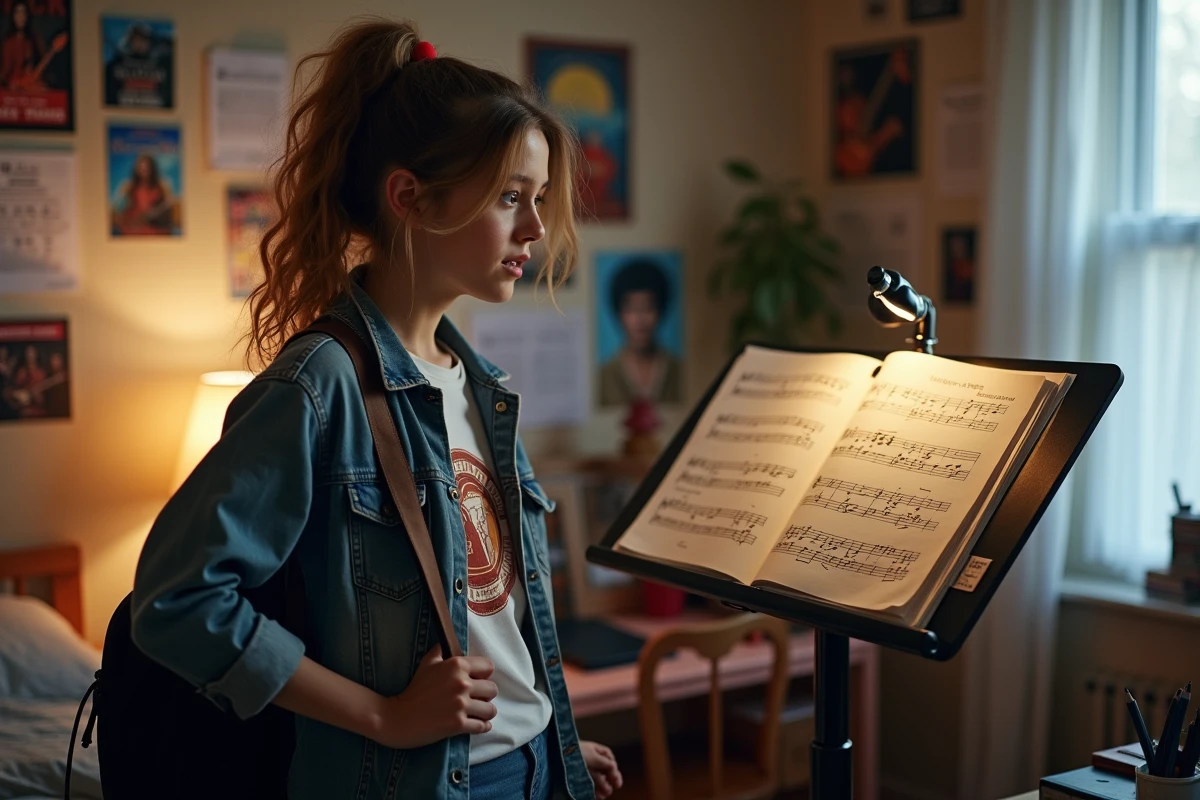 Adolescente guitariste électrique lisant une partition musicale formelle sur un pupitre dans sa chambre décorée d'affiches rock
