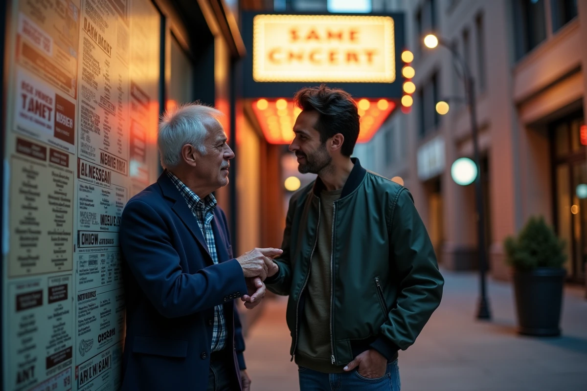 Deux hommes devant une affiche de concert découvrant des artistes américains à l'affiche