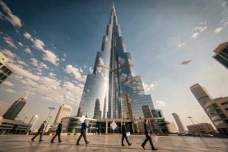 Vue en contre-plongée de la tour Almas à Dubaï illustrant sa hauteur impressionnante et l'effet du vent sur les piétons au sol