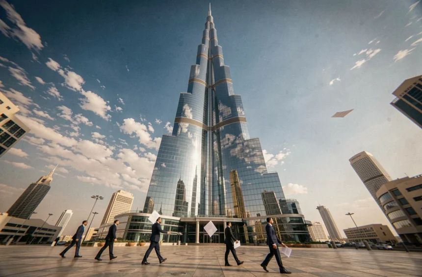 Vue en contre-plongée de la tour Almas à Dubaï illustrant sa hauteur impressionnante et l'effet du vent sur les piétons au sol