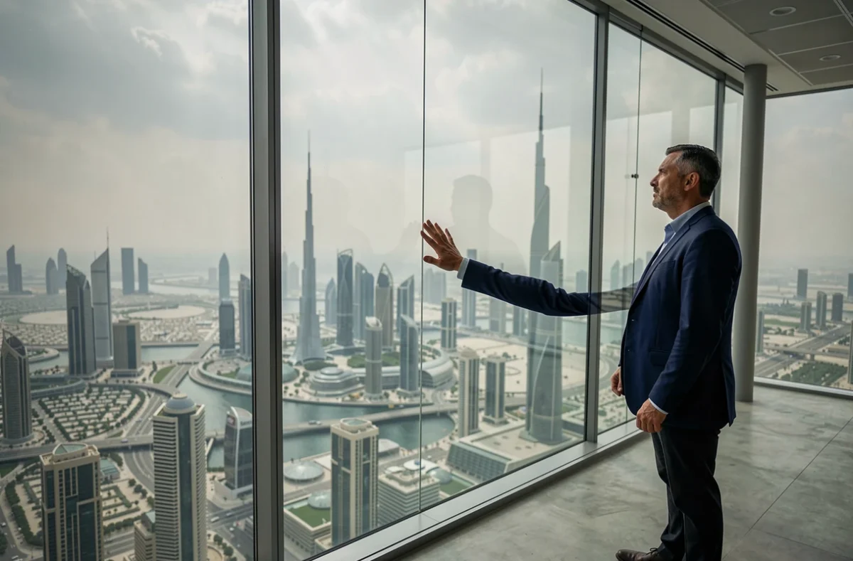 Architecte observant la vue panoramique depuis l'intérieur d'un étage vitré de la tour Almas à Dubaï avec le skyline visible en contrebas