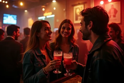 Groupe d'amis souriants près du bar à Lille après un concert