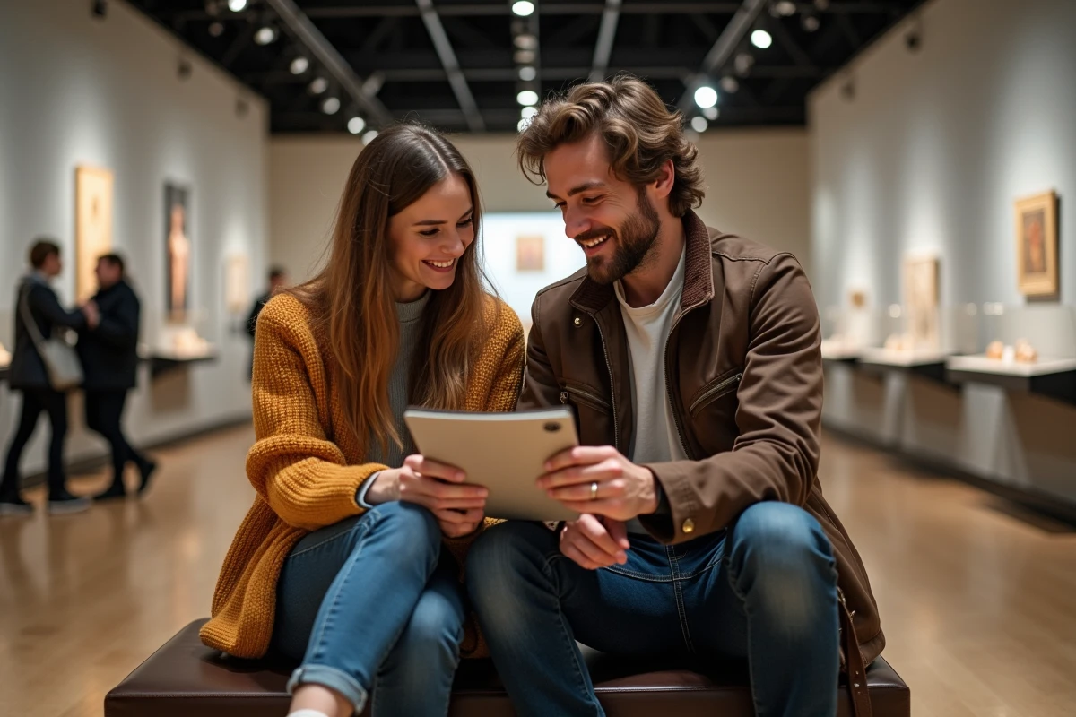 Deux amis consultant un guide d'exposition culturelle gratuite ou à prix réduit à Lyon