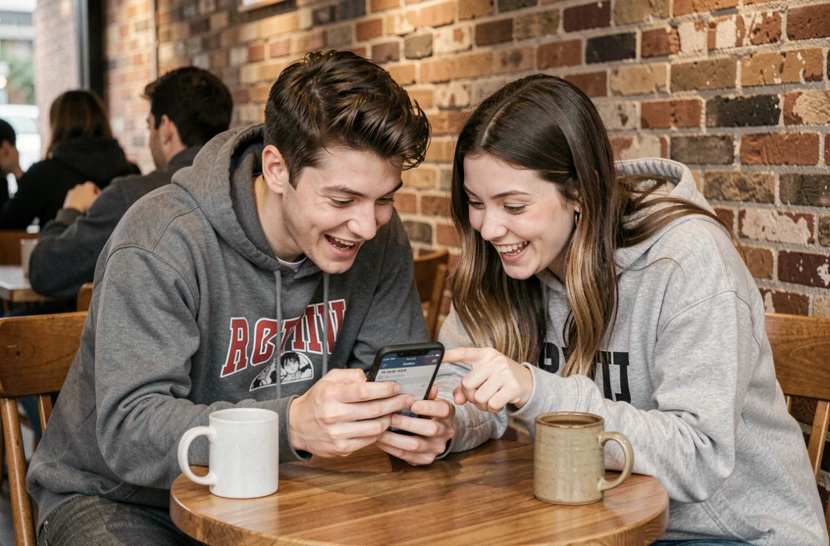 Deux amis passionnés de manga parcourant ensemble des scans sur smartphone dans un café urbain