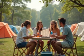 Groupe d'amis consultant le programme du festival Vieilles Charrues 2026 autour d'une table de camping