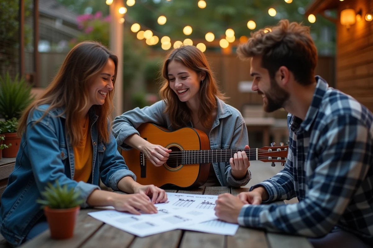 Groupe d'amis révisant ensemble les accords de Petite Marie à la guitare sur une terrasse en bois avant une soirée conviviale