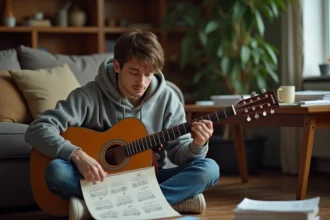 Jeune homme apprenant les accords de Petite Marie à la guitare acoustique avec une fiche d'accords manuscrite sur les genoux dans un salon cosy