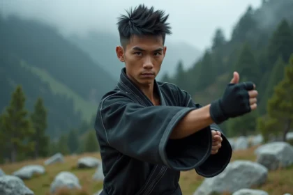 Jeune homme en posture de défense en pleine nature