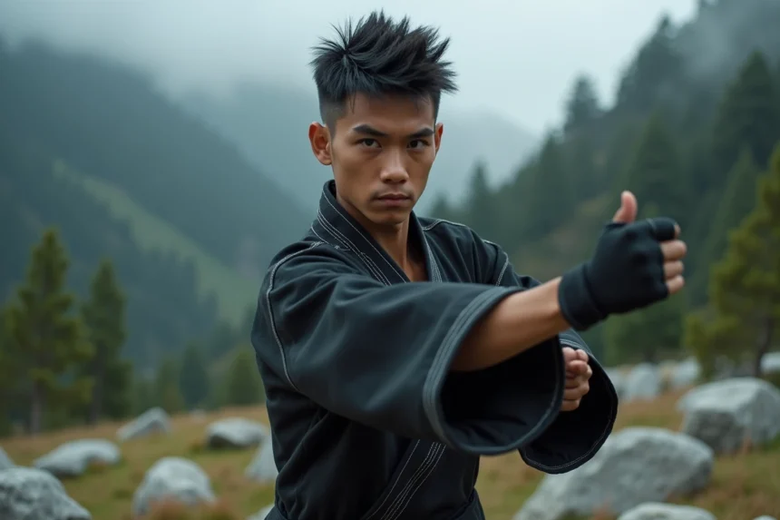 Jeune homme en posture de défense en pleine nature