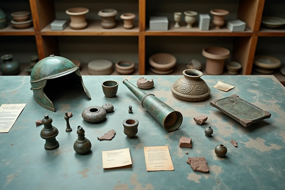 Artefacts en bronze de la Grèce antique disposés sur une table de laboratoire muséal, incluant figurines votives, fragment de casque et lingot corrodé