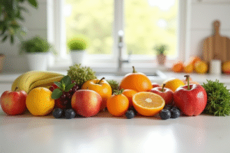 Assortiment de fruits frais sur un plan de travail blanc