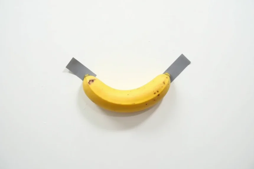 Banane mûre scotchée sur un mur blanc de galerie d'art contemporain, œuvre virale inspirée de l'art conceptuel