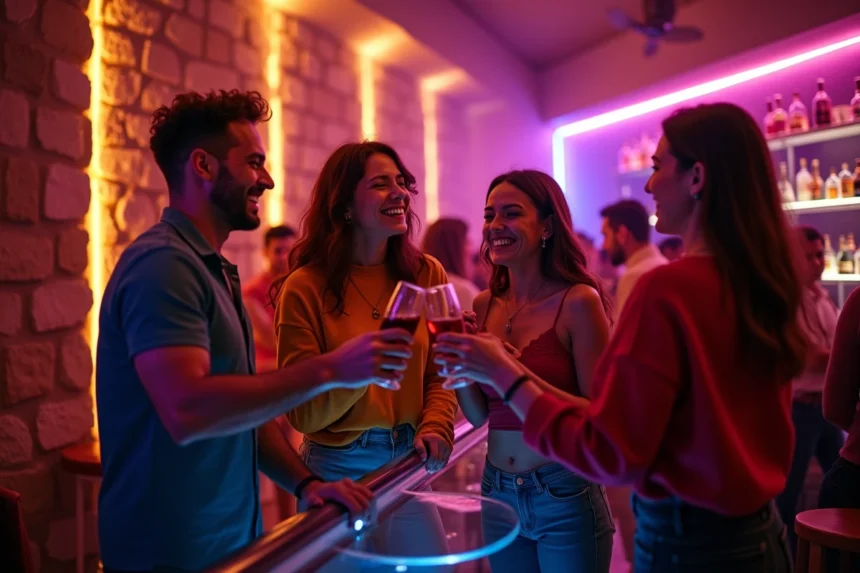 Groupe d'amis qui trinquent dans une boîte de nuit à Marseille avec décor en pierre et néons violets
