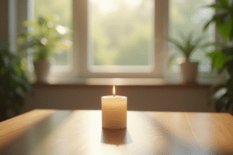 Bougie blanche allumee sur une table en bois lumineuse