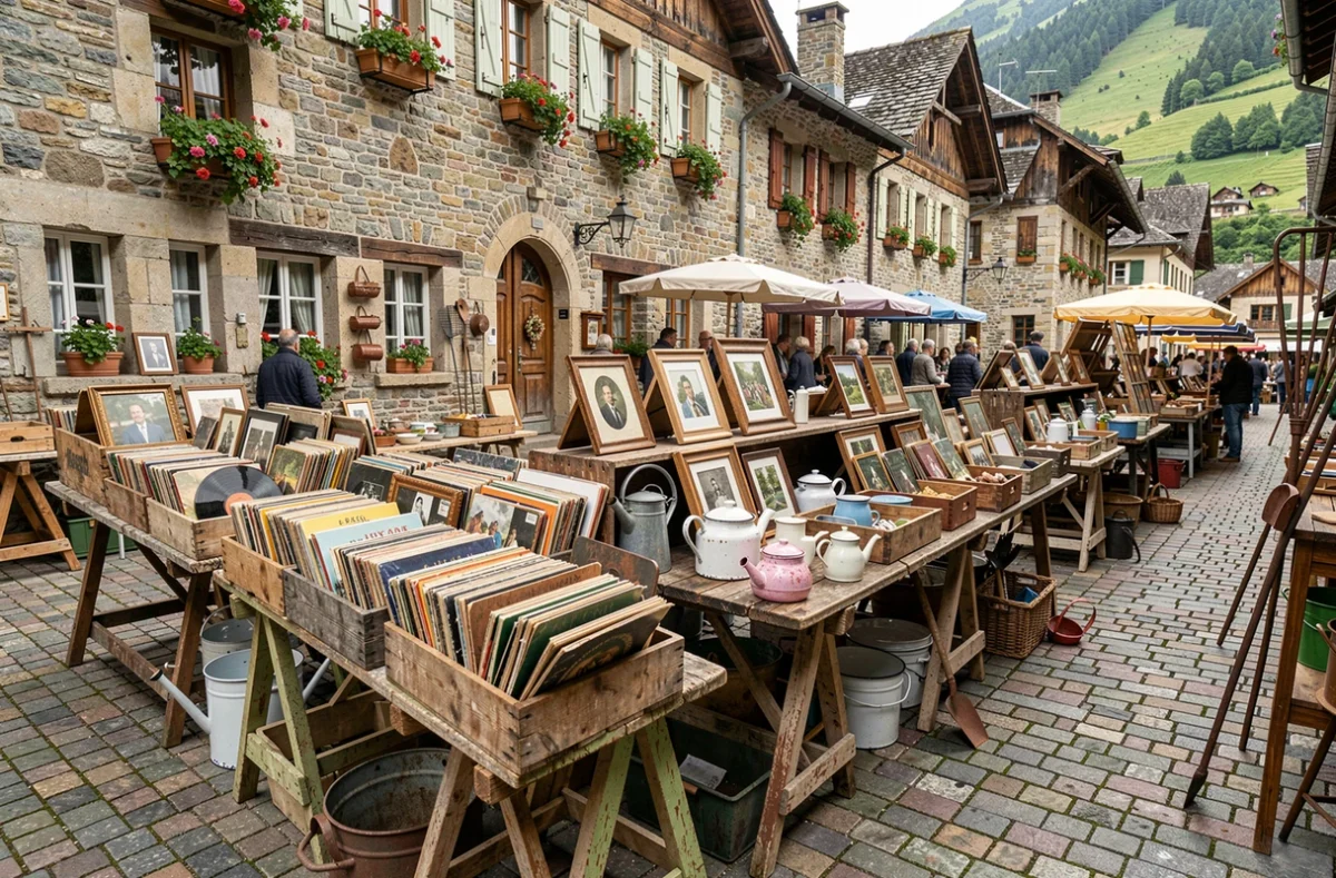 Vue large d'une brocante de village en Savoie avec objets anciens disposés sur des tables en bois dans une rue pavée