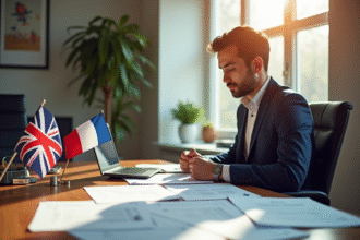 Personne à un bureau avec documents fiscaux et drapeaux