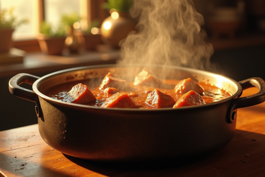 Une marmite de carbonade flamande en cuisine rustique