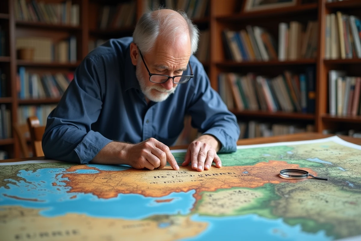 Géographe étudiant une carte physique détaillée de la Turquie montrant ses frontières continentales entre Europe et Asie