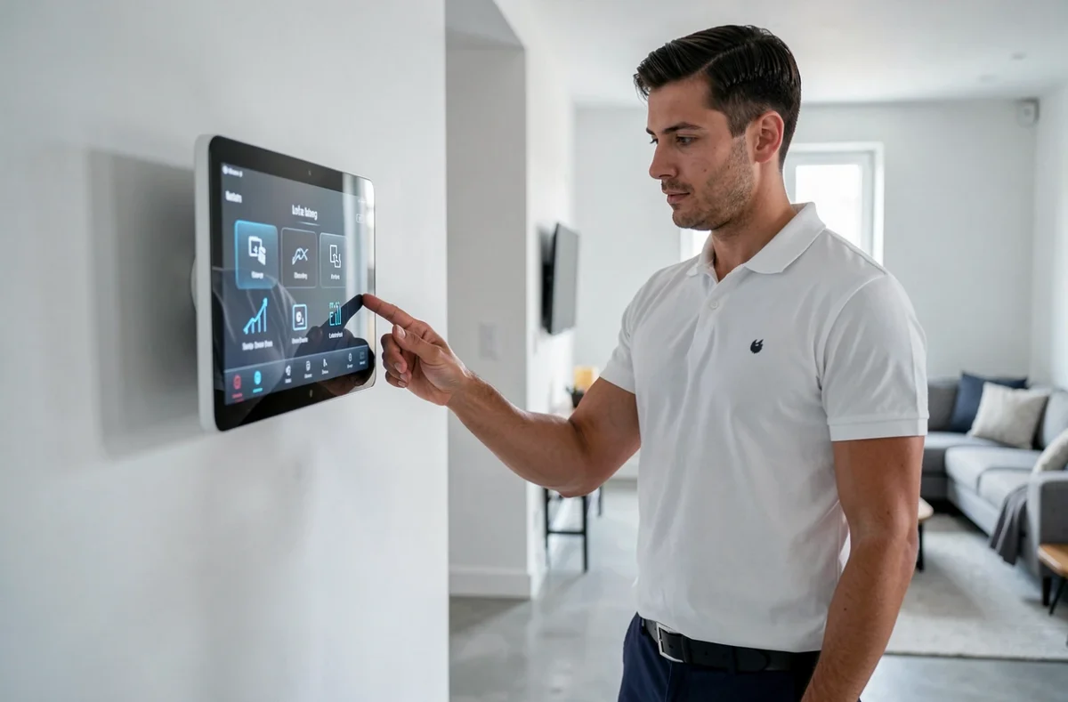 Spécialiste Celeoz configurant un panneau domotique tactile dans un intérieur moderne et minimaliste