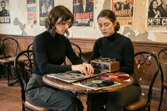 Femme française dans un café parisien vintage écoutant des vinyles des années 60 avec un magnétophone à bobines