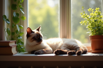Chat siamois paisiblement sur une fenêtre lumineuse