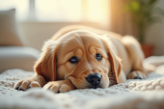 Chiot golden retriever allongé sur une couverture lumineuse