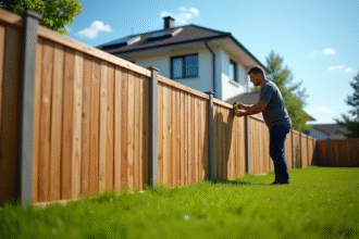 Cloture en bois moderne dans le jardin avec mesureur
