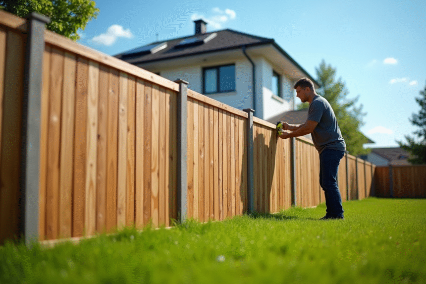 Cloture en bois moderne dans le jardin avec mesureur