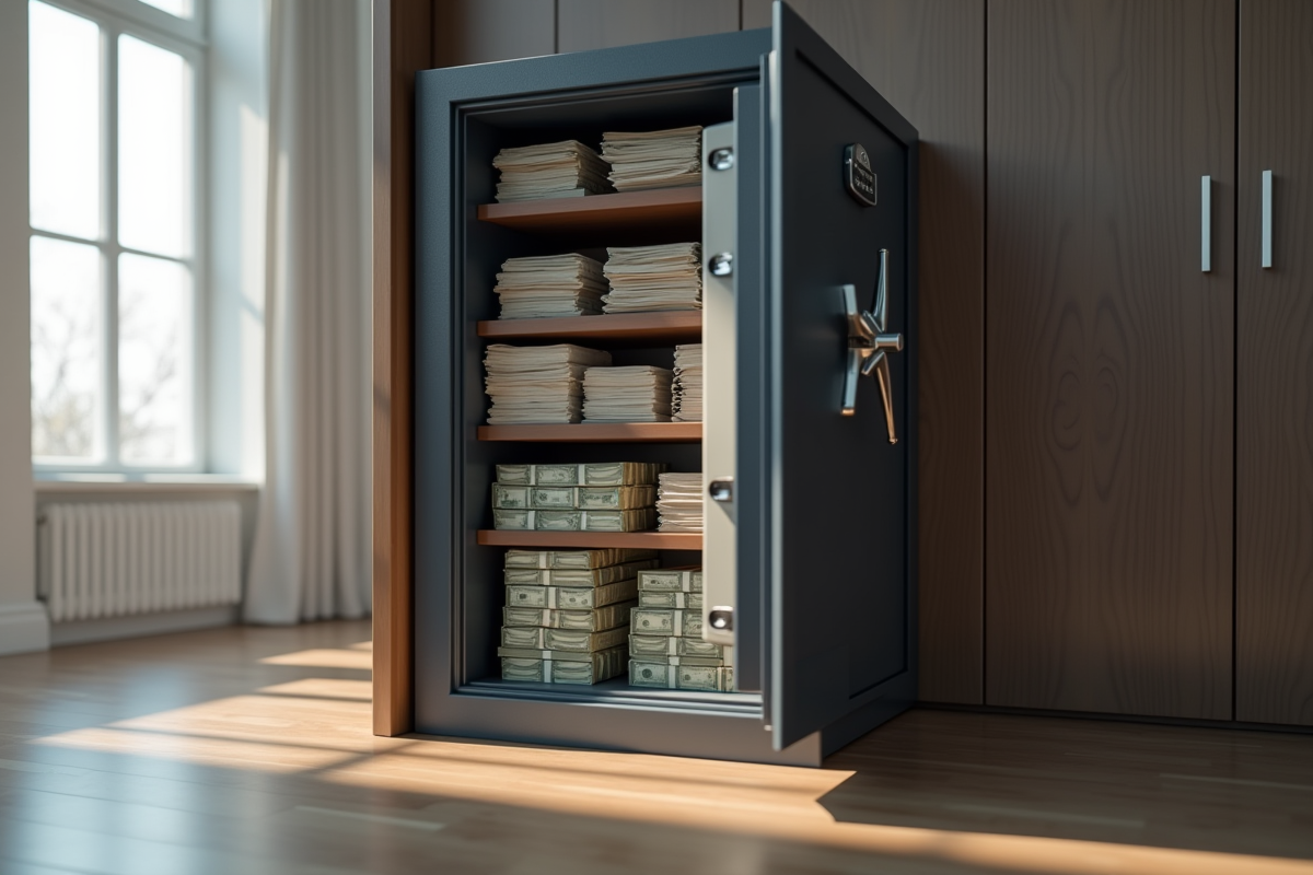 Coffre-fort organisé avec des liasses de billets et documents