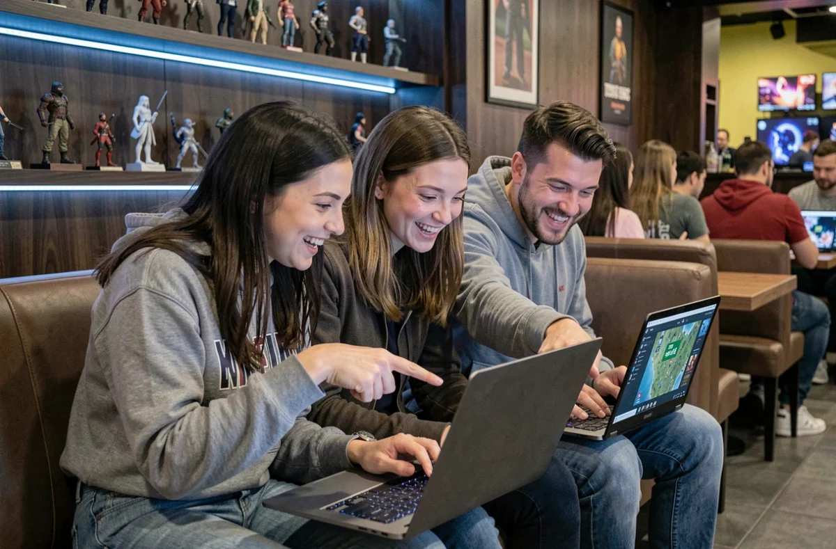 Trio de joueurs adultes collaborant sur des ordinateurs portables dans un café gaming pour organiser les déplacements de leur guilde