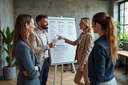 Collègues de bureau enthousiastes devant un tableau blanc avec des classements et défis d'équipe