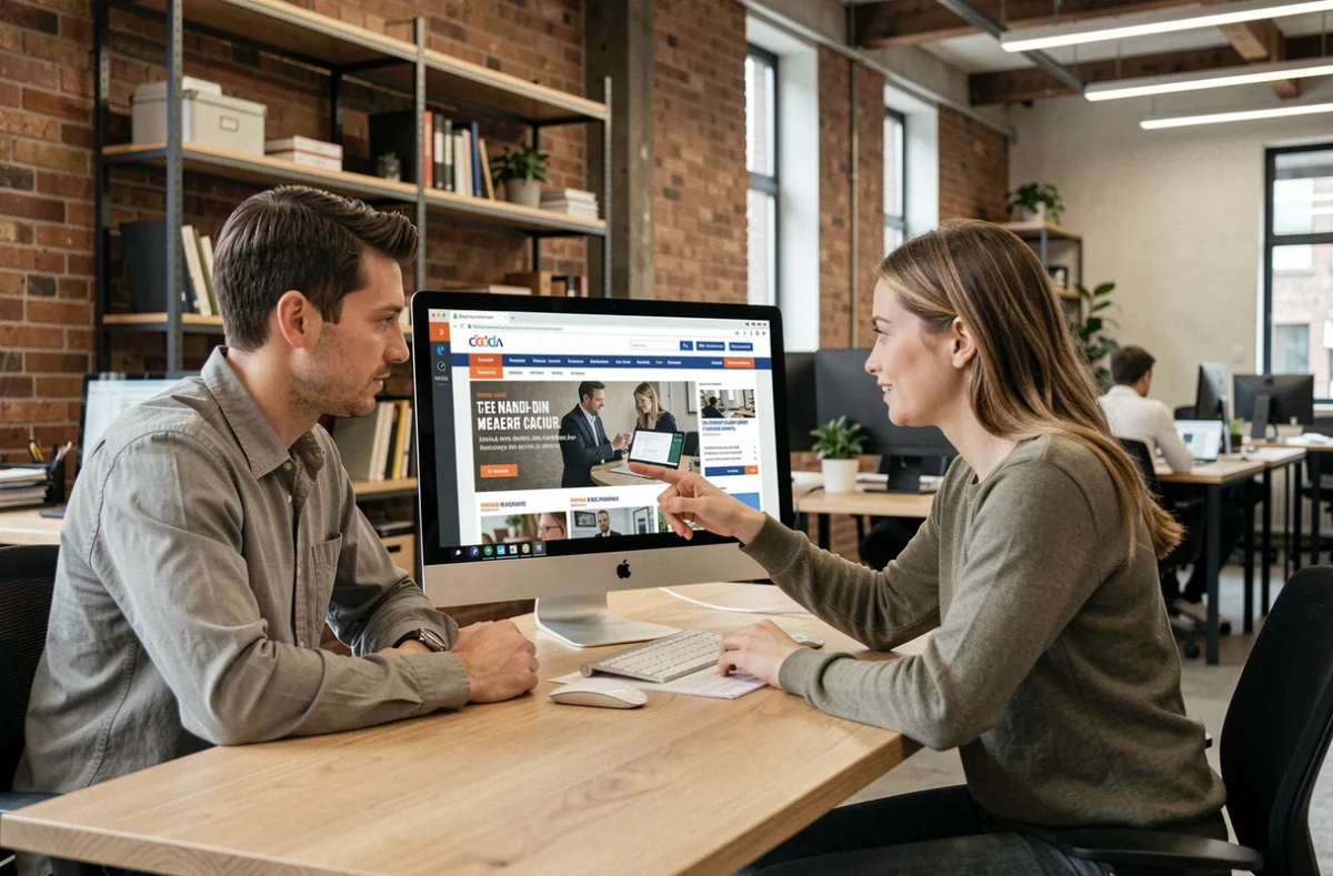Deux collègues discutant d'un article d'actualité sur pexlyn.fr dans un espace de coworking moderne