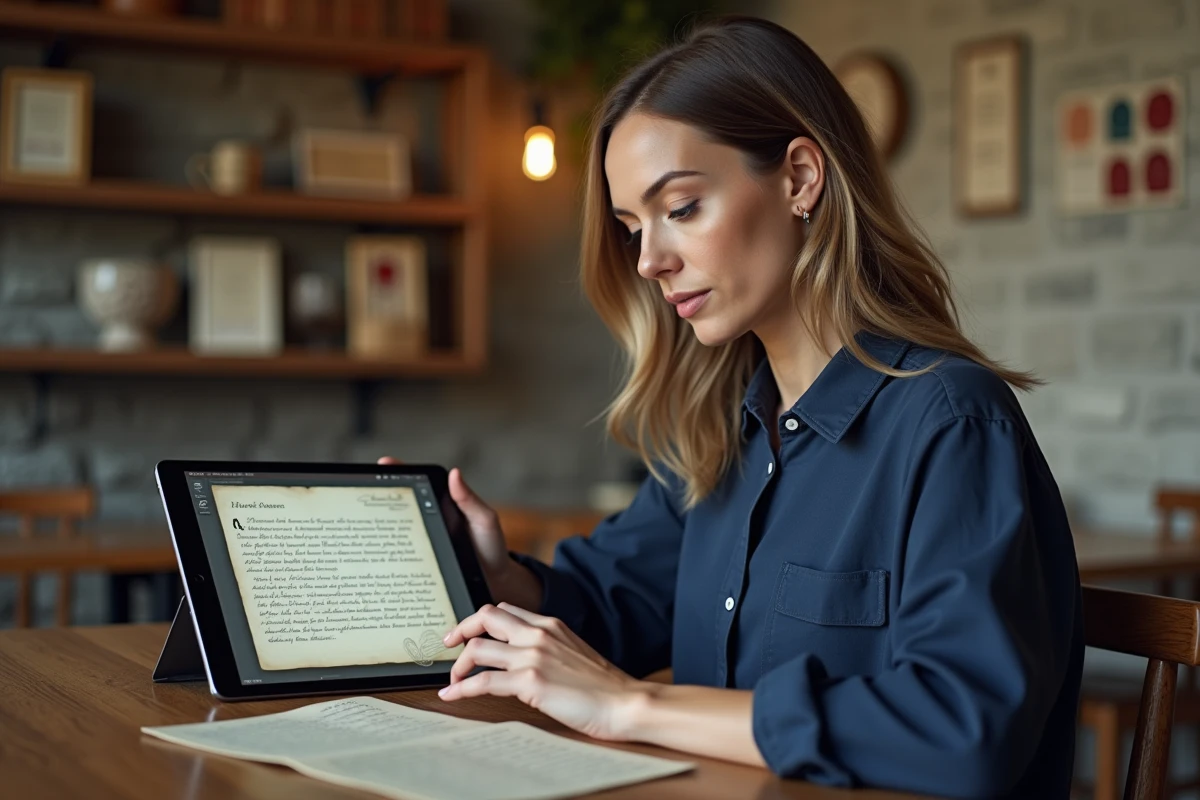 Femme comparant une lettre ancienne napoléonienne avec un générateur de courrier historique sur tablette dans un café au décor vintage