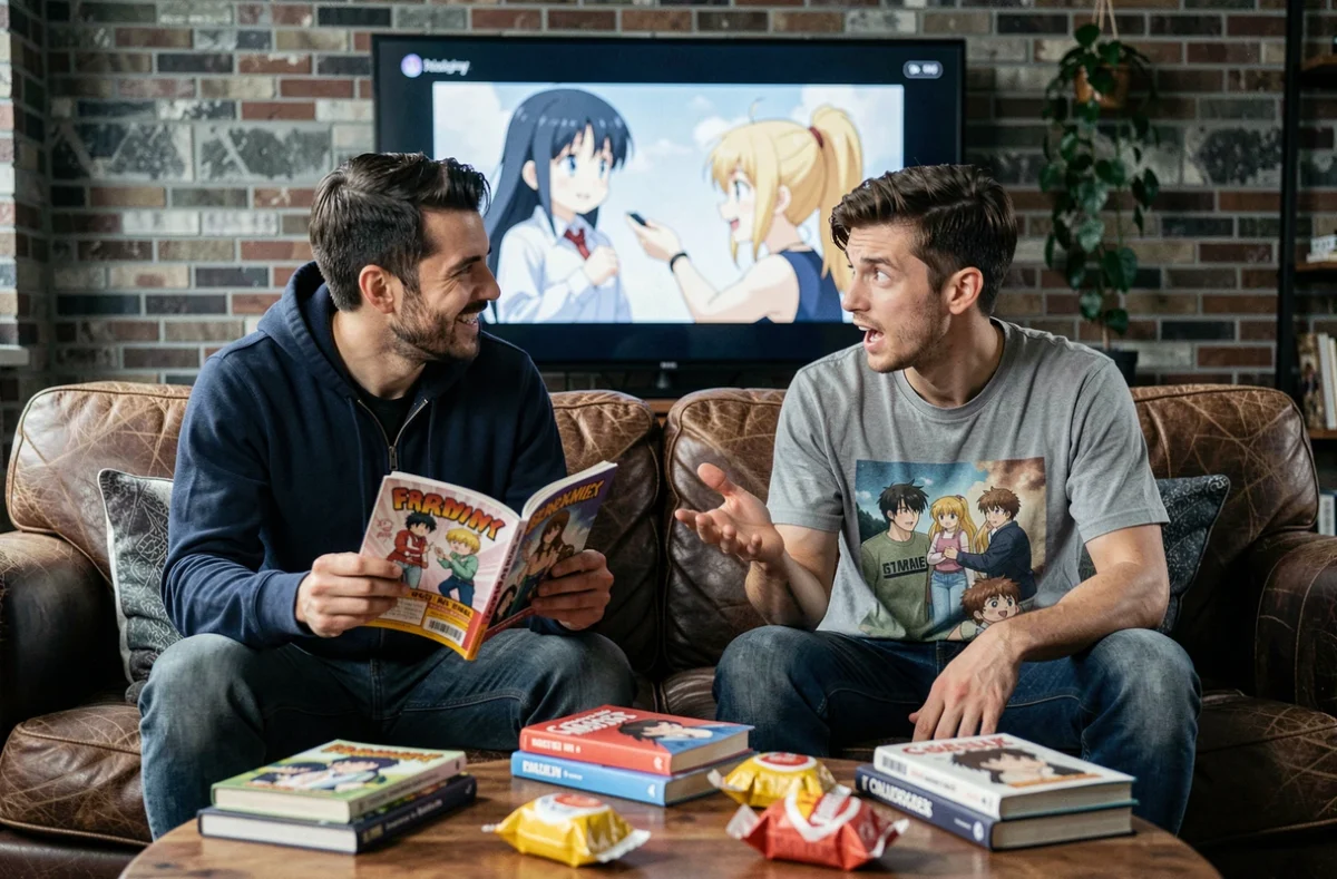 Deux hommes comparant un manga de Lune démoniaque avec l'adaptation animée sur écran dans un salon urbain