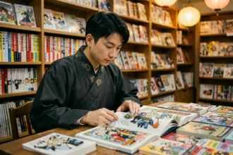 Jeune homme en tenue traditionnelle chinoise comparant des volumes de manhua, manga et webtoon dans une librairie de bandes dessinées asiatiques