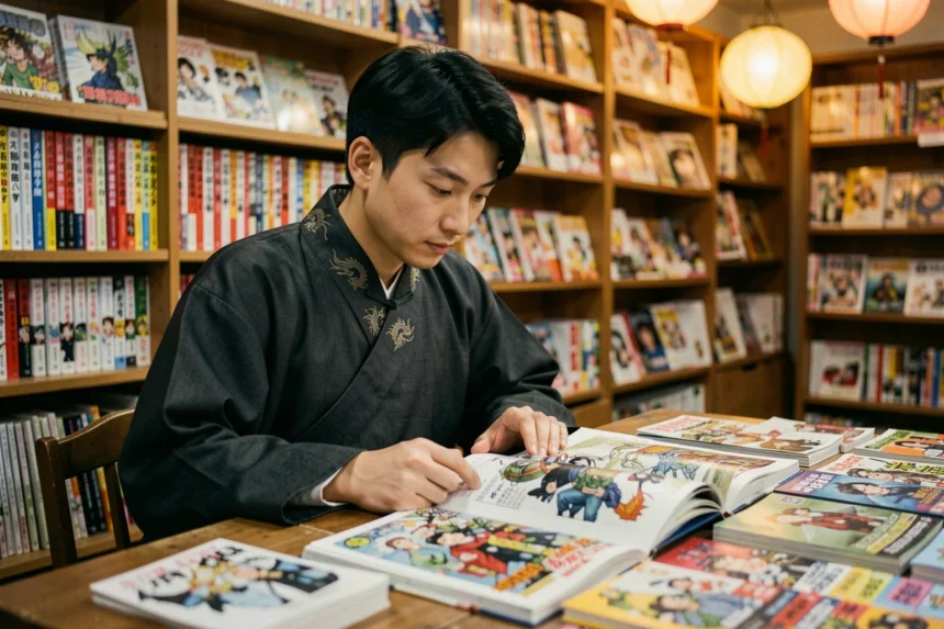Jeune homme en tenue traditionnelle chinoise comparant des volumes de manhua, manga et webtoon dans une librairie de bandes dessinées asiatiques