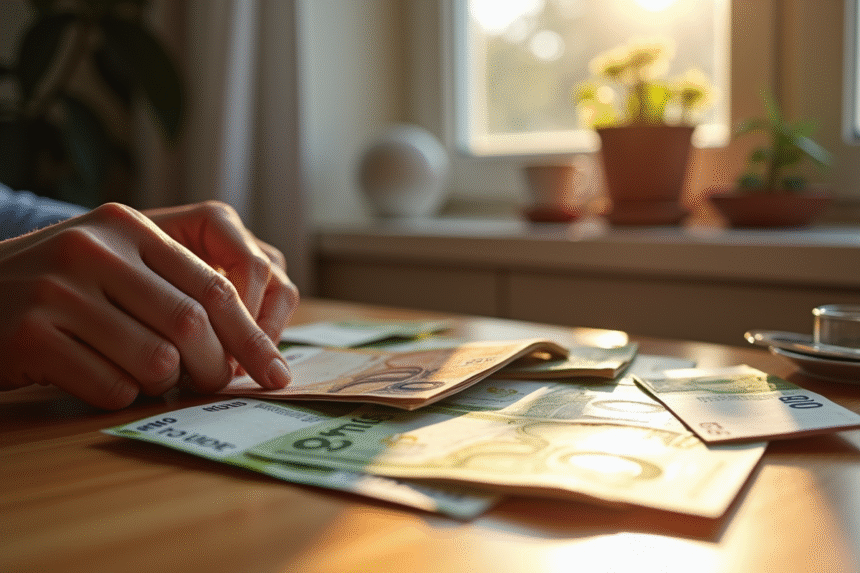 Mains comptant des billets d'euros sur une table en matinée