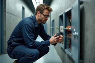 Électricien inspectant un tableau électrique dans un couloir de bureau commercial à Bordeaux