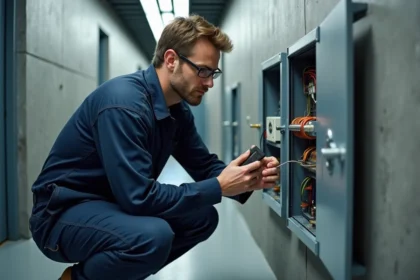 Électricien inspectant un tableau électrique dans un couloir de bureau commercial à Bordeaux