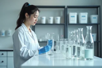 Femme scientifique mesurant des volumes en litres avec des éprouvettes graduées dans un laboratoire moderne