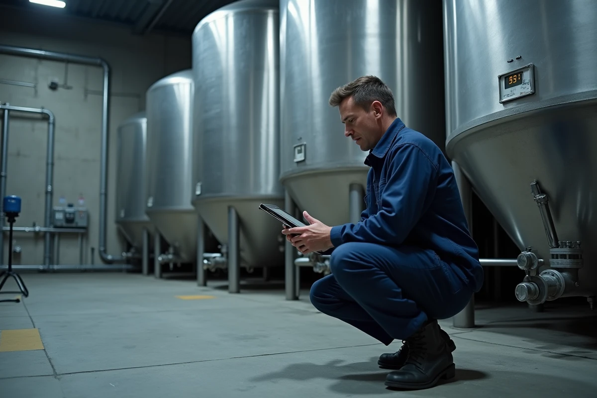 Technicien industriel consultant des conversions de mètres cubes en litres sur une tablette près d'une cuve de stockage
