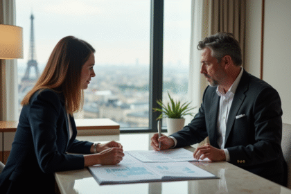 Couple d'affaires en réunion dans un appartement parisien