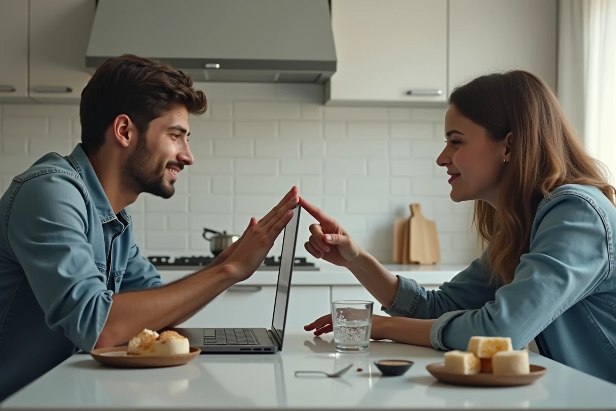 Couple séparé se regardant lors d'un appel vidéo sur ordinateur portable, symbolisant l'amour à longue distance