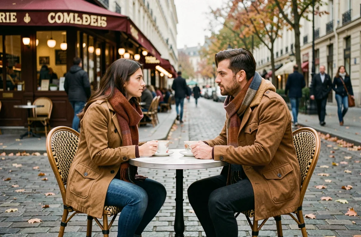 Couple amoureux partageant un moment silencieux en terrasse de café parisien en automne, illustrant les signes de l'univers et la connexion affective