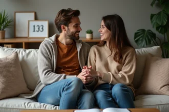 Couple assis sur un canapé dans un salon chaleureux