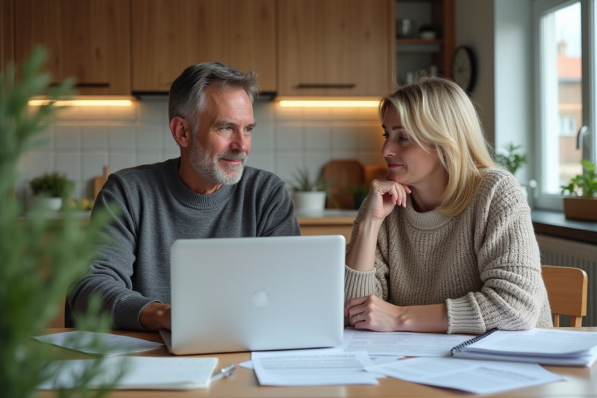 Couple discutant de documents immobiliers dans la cuisine