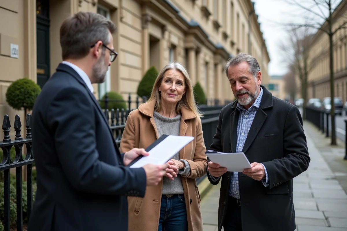Couple examine des documents devant une maison ancienne en ville