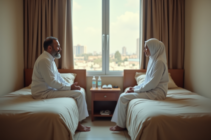 Couple musulman en ihram dans une chambre simple à Mecca